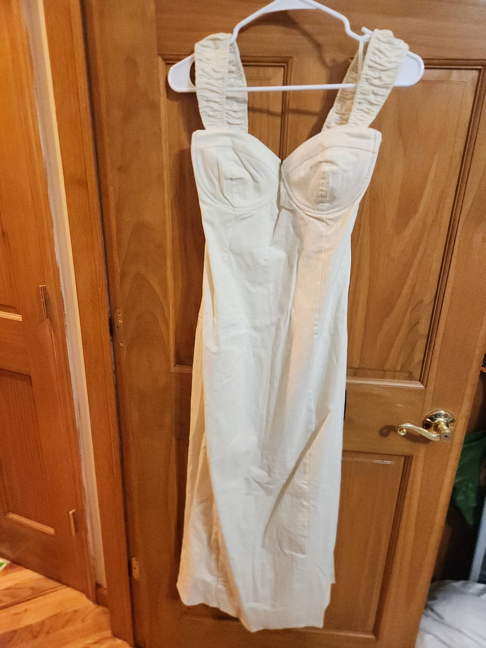 Lulu's Cream Ruched-Strap Bustier Midi Dress